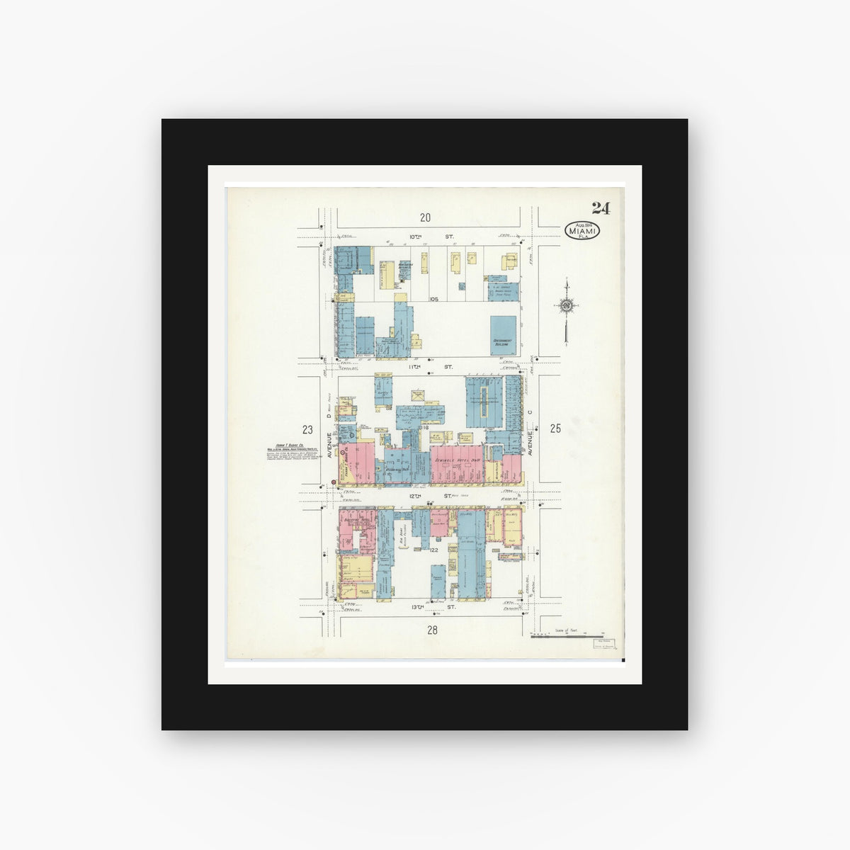 Old map wall art mockup — black gallery frame with white mat — Sanborn Fire Insurance Map from Miami, Dade County, Florida (1914), Sheet #0024