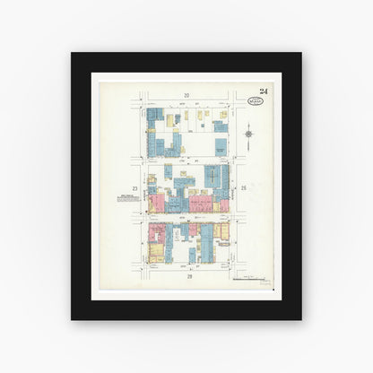 Old map wall art mockup — black gallery frame with white mat — Sanborn Fire Insurance Map from Miami, Dade County, Florida (1914), Sheet #0024