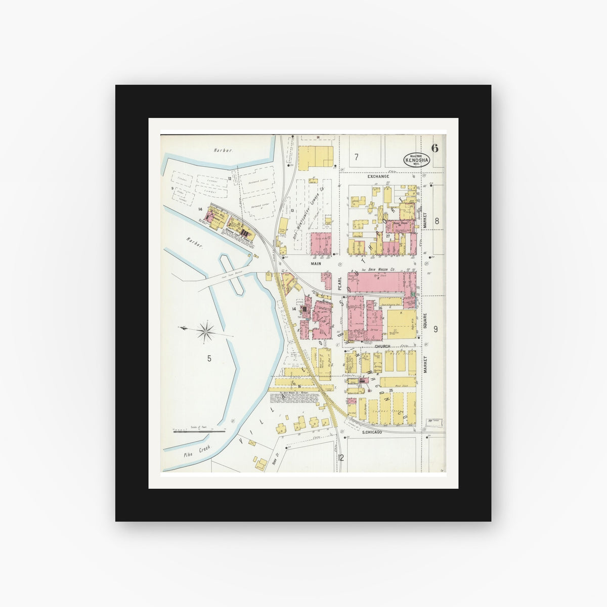 Old map wall art mockup — black gallery frame with white mat — Sanborn Fire Insurance Map from Kenosha, Kenosha County, Wisconsin (1900), Sheet #0006