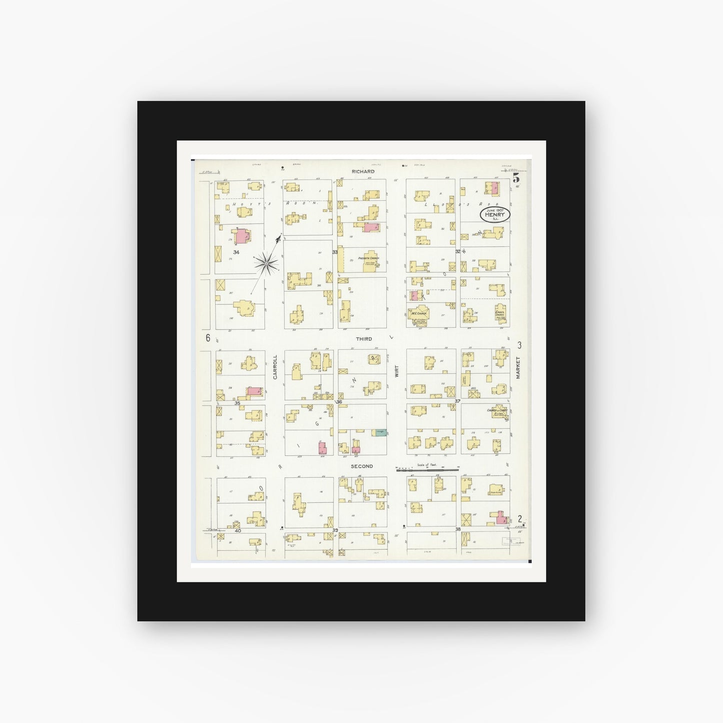Old map wall art mockup — black gallery frame with white mat — Sanborn Fire Insurance Map from Henry, Marshall County, Illinois (1907), Sheet #0005