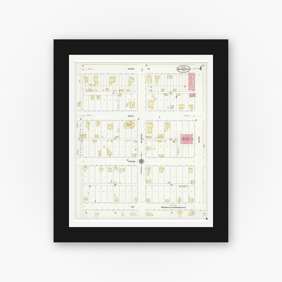 Old map wall art mockup — black gallery frame with white mat — Sanborn Fire Insurance Map from Whitewright, Grayson County, Texas (1911), Sheet #0004