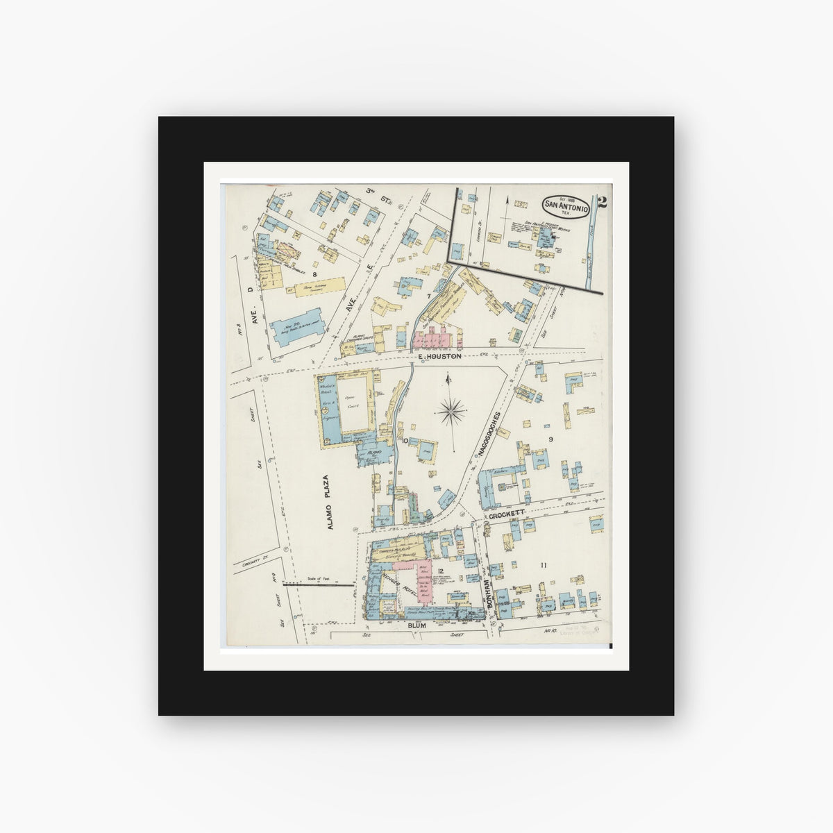 Old map wall art mockup — black gallery frame with white mat — Sanborn Fire Insurance Map from San Antonio, Bexar County, Texas (1888), Sheet #0002
