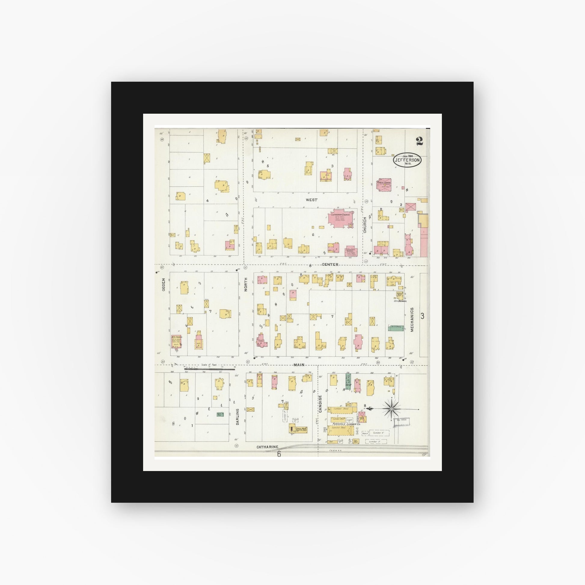 Old map wall art mockup — black gallery frame with white mat — Sanborn Fire Insurance Map from Jefferson, Jefferson County, Wisconsin (1904), Sheet #0002