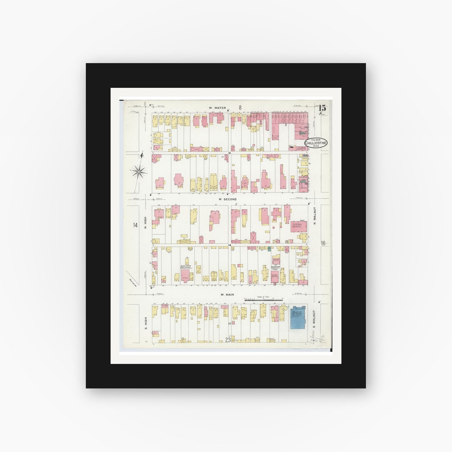 Old map wall art mockup — black gallery frame with white mat — Sanborn Fire Insurance Map from Chillicothe, Ross County, Ohio (1909), Sheet #0015