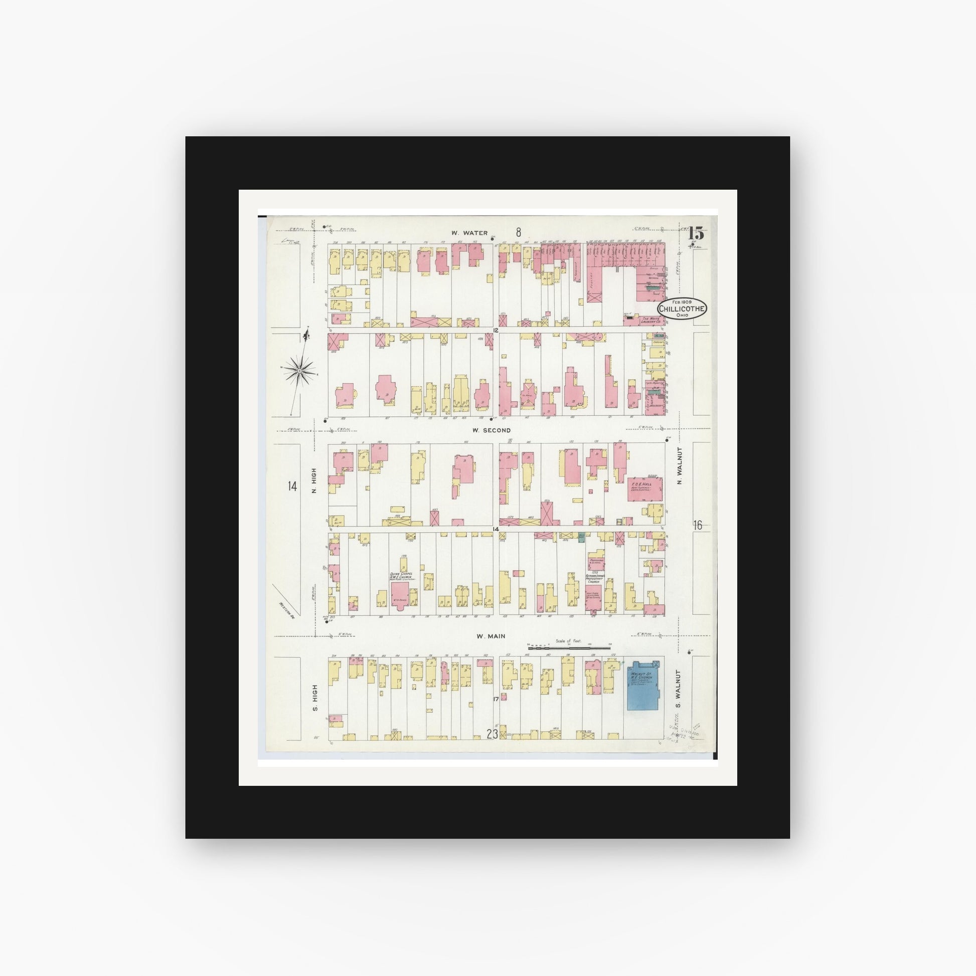Old map wall art mockup — black gallery frame with white mat — Sanborn Fire Insurance Map from Chillicothe, Ross County, Ohio (1909), Sheet #0015