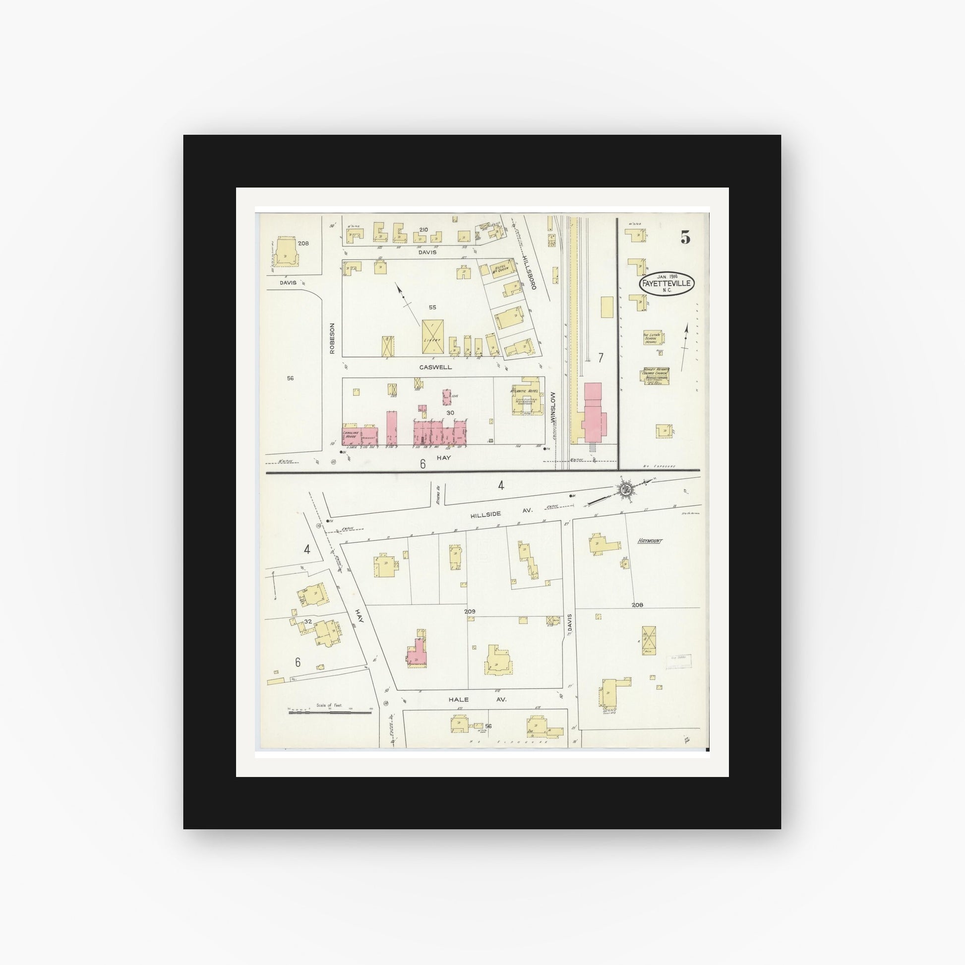 Old map wall art mockup — black gallery frame with white mat — Sanborn Fire Insurance Map from Fayetteville, Cumberland County, North Carolina (1914), Sheet #0005