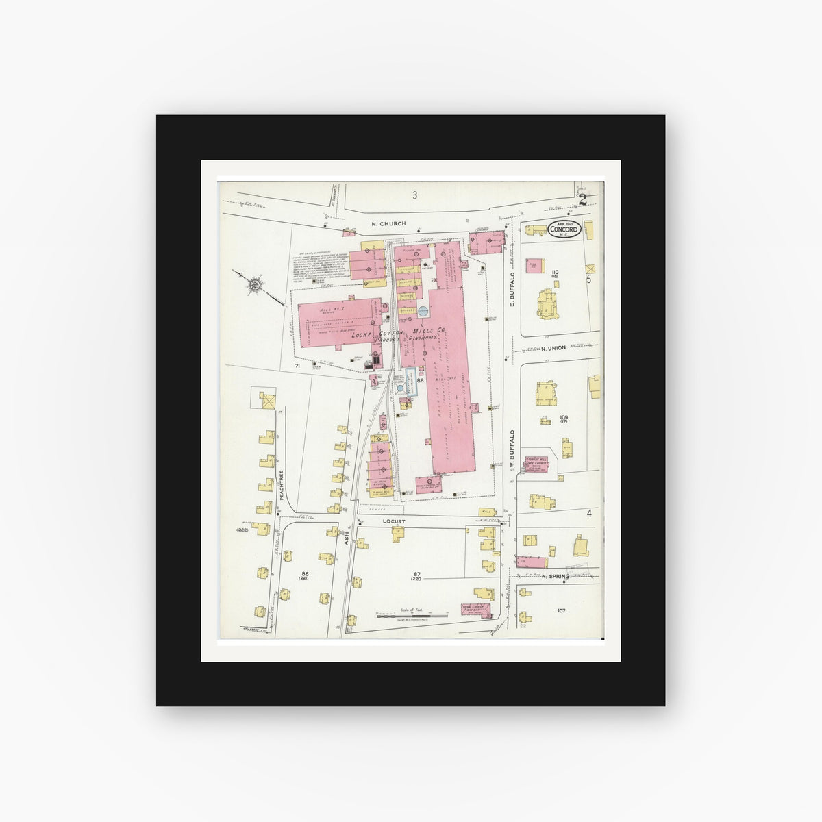 Old map wall art mockup — black gallery frame with white mat — Sanborn Fire Insurance Map from Concord, Cabarrus County, North Carolina (1921), Sheet #0002