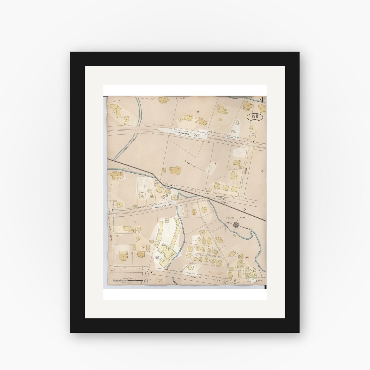 Old map wall art mockup — black gallery frame with white mat — Sanborn Fire Insurance Map from Hilo, Hawaii County, Hawaii (1957), Sheet #0004