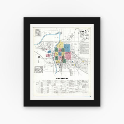 Old map wall art mockup — black gallery frame with white mat — Sanborn Fire Insurance Map from Iowa City, Johnson County, Iowa (1920) â€” Complete Set