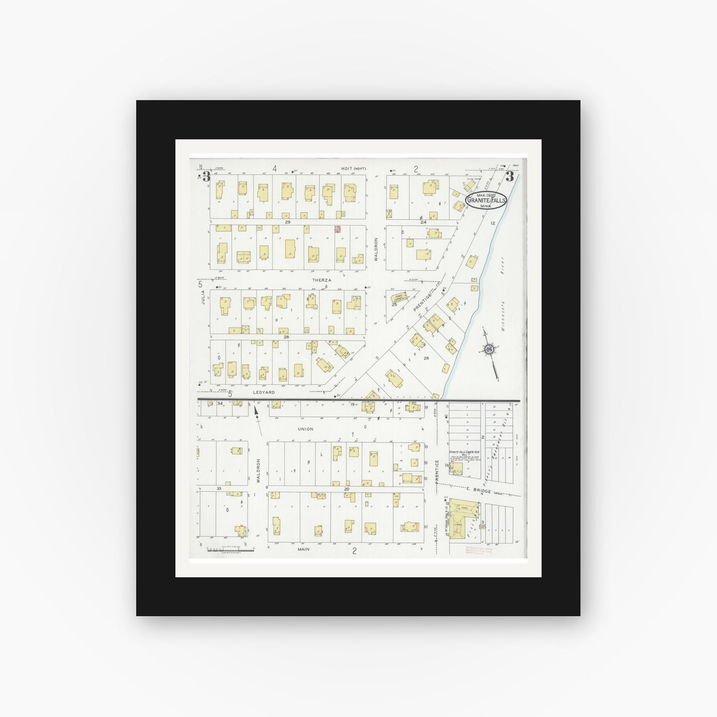 Old map wall art mockup — black gallery frame with white mat — Sanborn Fire Insurance Map from Granite Falls, Yellow Medicine And Chippewa Counties, Minnesota (1930), Sheet #0003