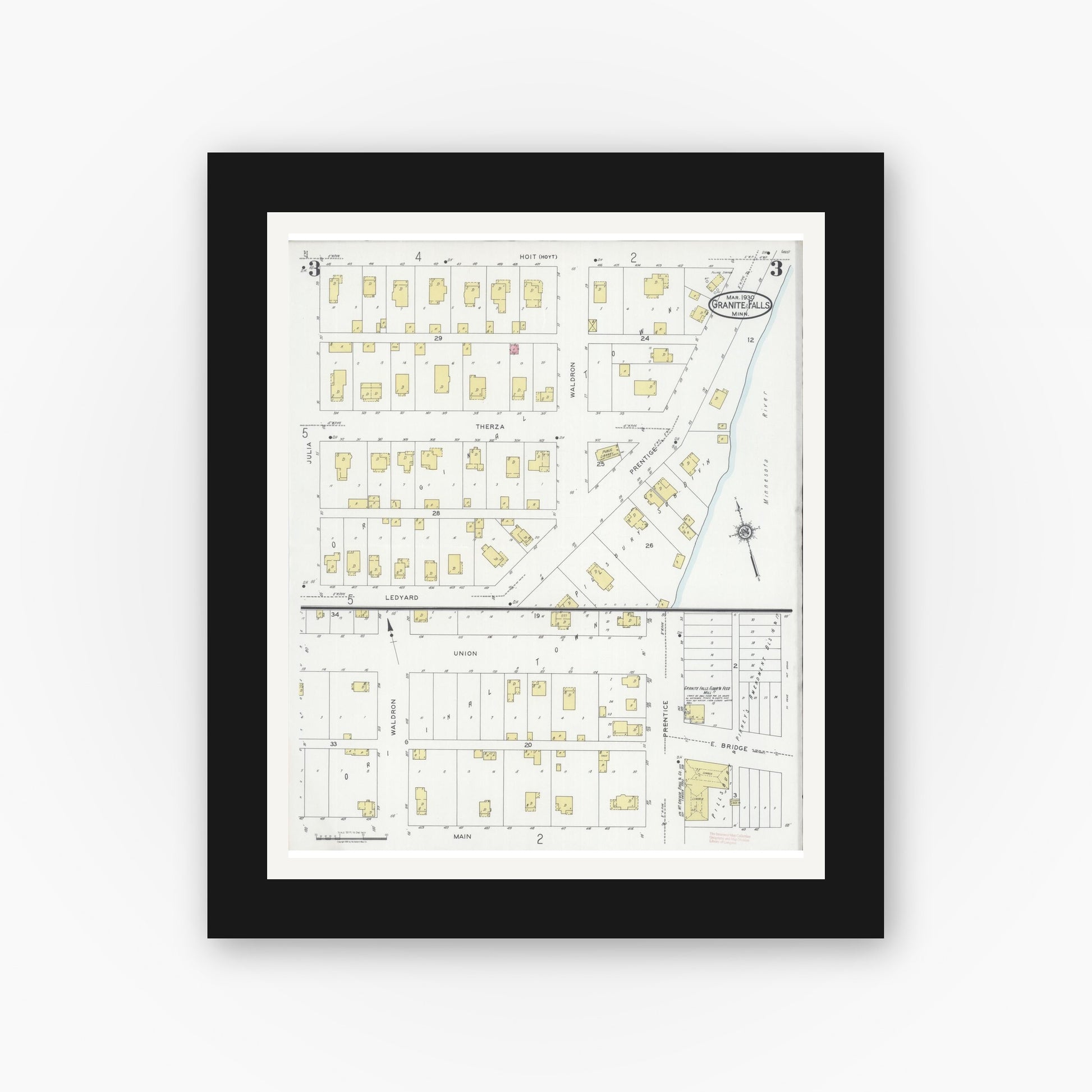 Old map wall art mockup — black gallery frame with white mat — Sanborn Fire Insurance Map from Granite Falls, Yellow Medicine And Chippewa Counties, Minnesota (1930), Sheet #0003