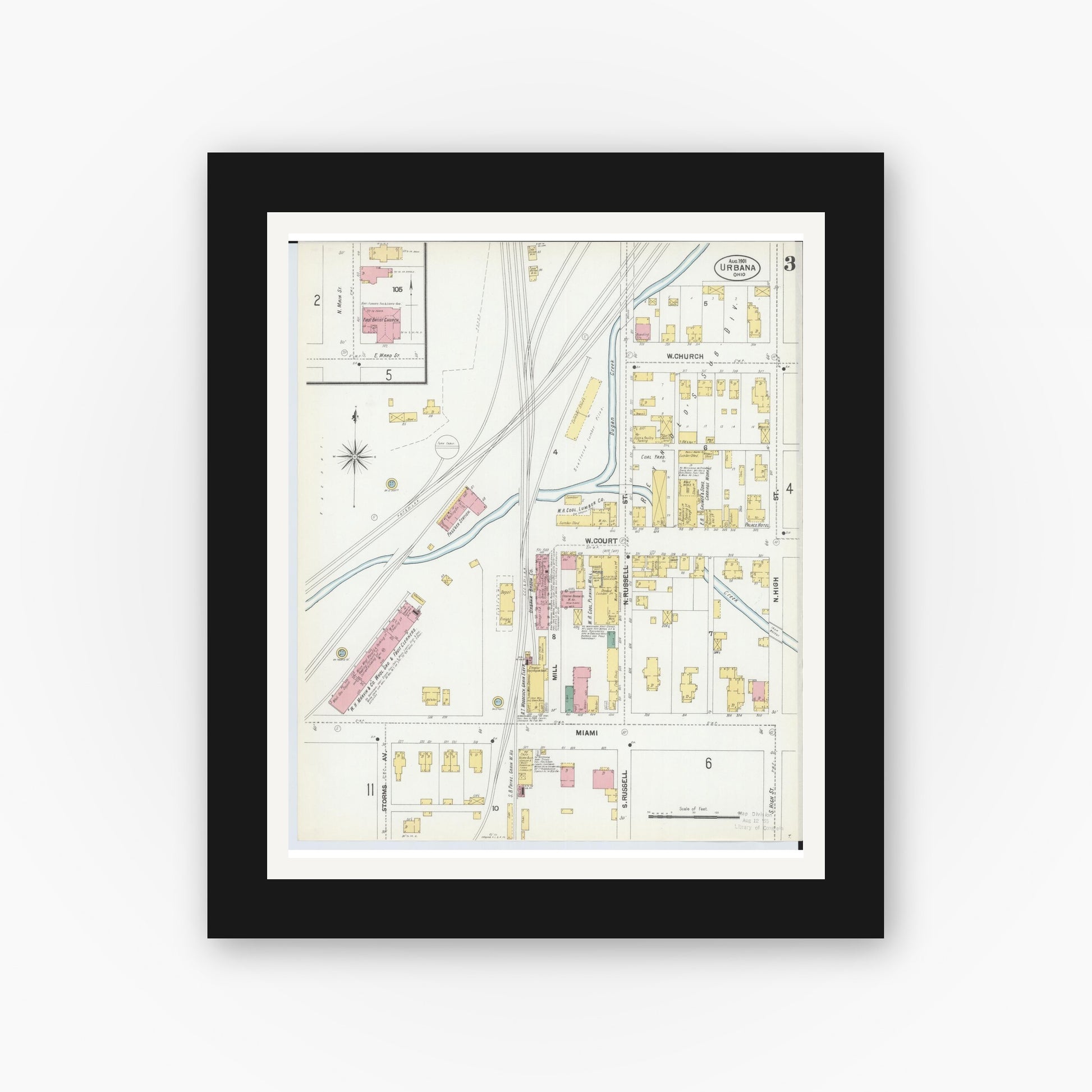 Old map wall art mockup — black gallery frame with white mat — Sanborn Fire Insurance Map from Urbana, Champaign County, Ohio (1901), Sheet #0003