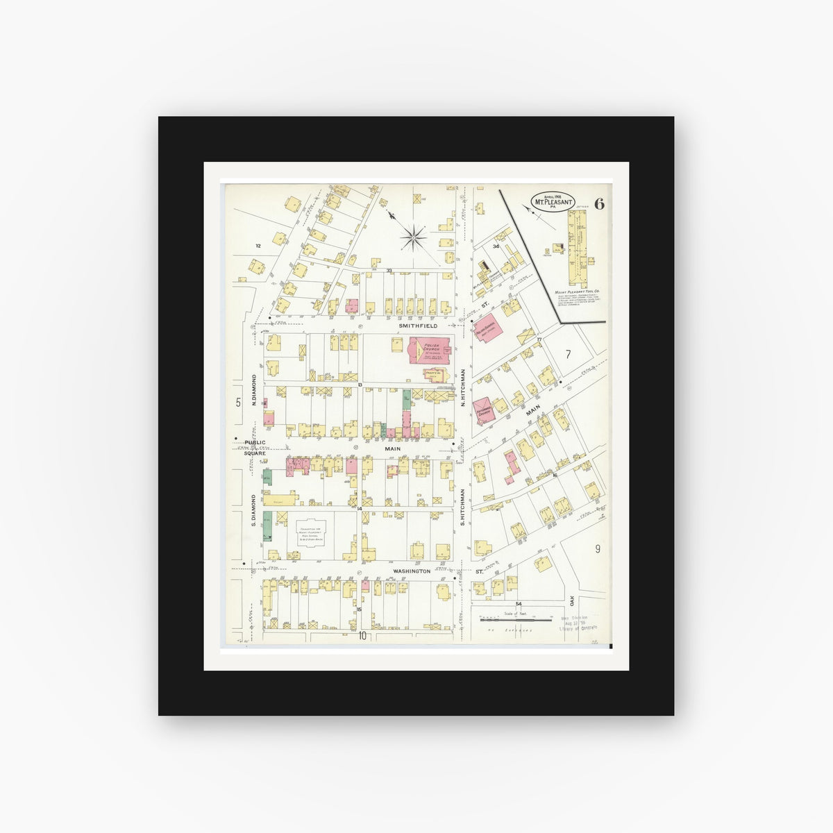 Old map wall art mockup — black gallery frame with white mat — Sanborn Fire Insurance Map from Mount Pleasant, Westmoreland County, Pennsylvania (1908), Sheet #0006