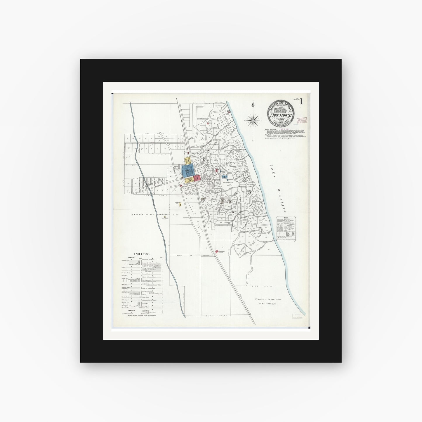 Old map wall art mockup — black gallery frame with white mat — Sanborn Fire Insurance Map from Lake Forest, Lake County, Illinois (1909) - Complete Map Set