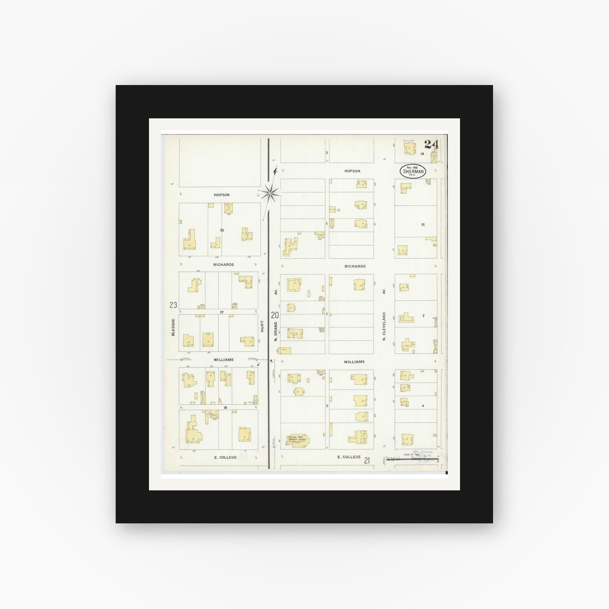 Old map wall art mockup — black gallery frame with white mat — Sanborn Fire Insurance Map from Sherman, Grayson County, Texas (1908), Sheet #0024