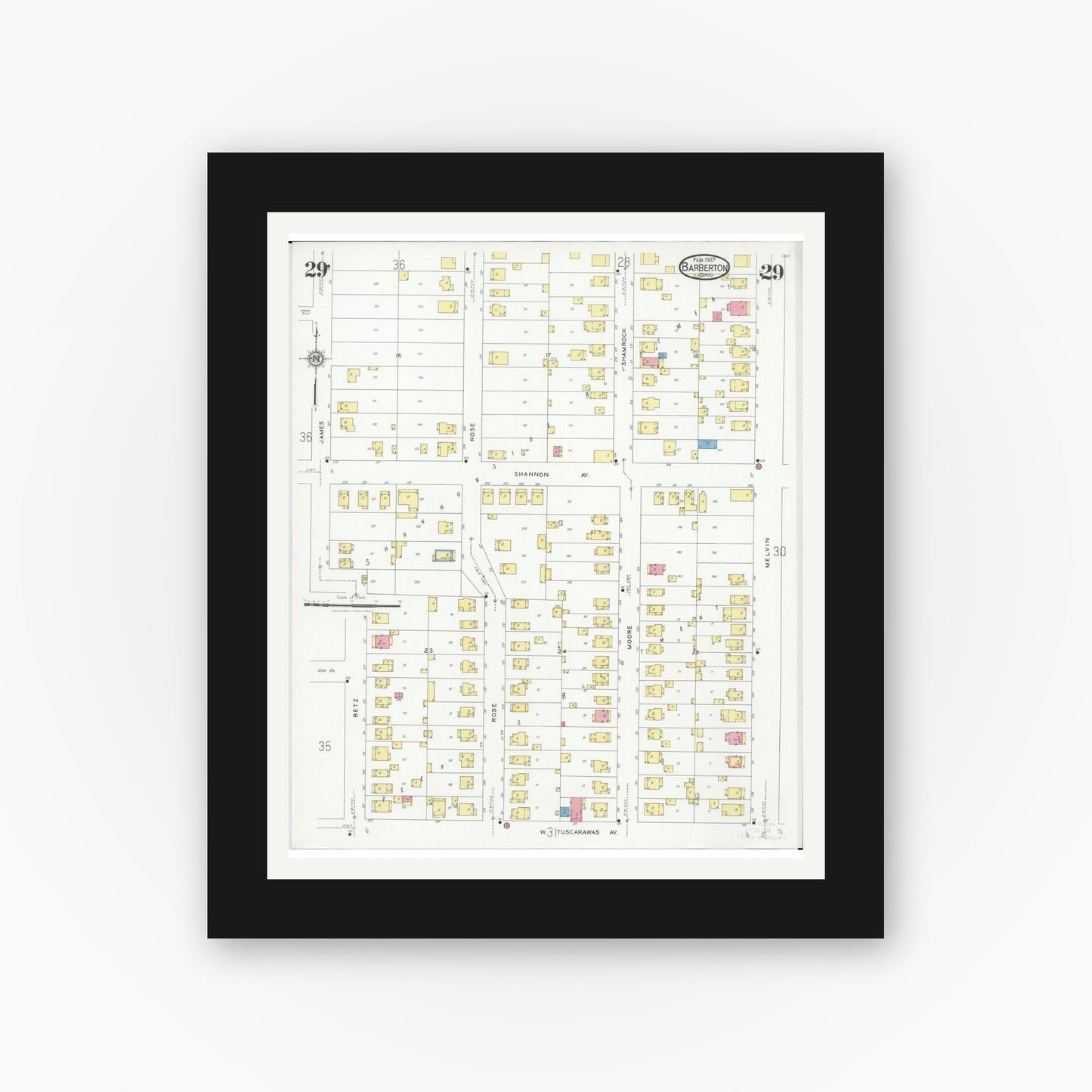 Old map wall art mockup — black gallery frame with white mat — Sanborn Fire Insurance Map from Barberton, Summit County, Ohio (1927), Sheet #0029