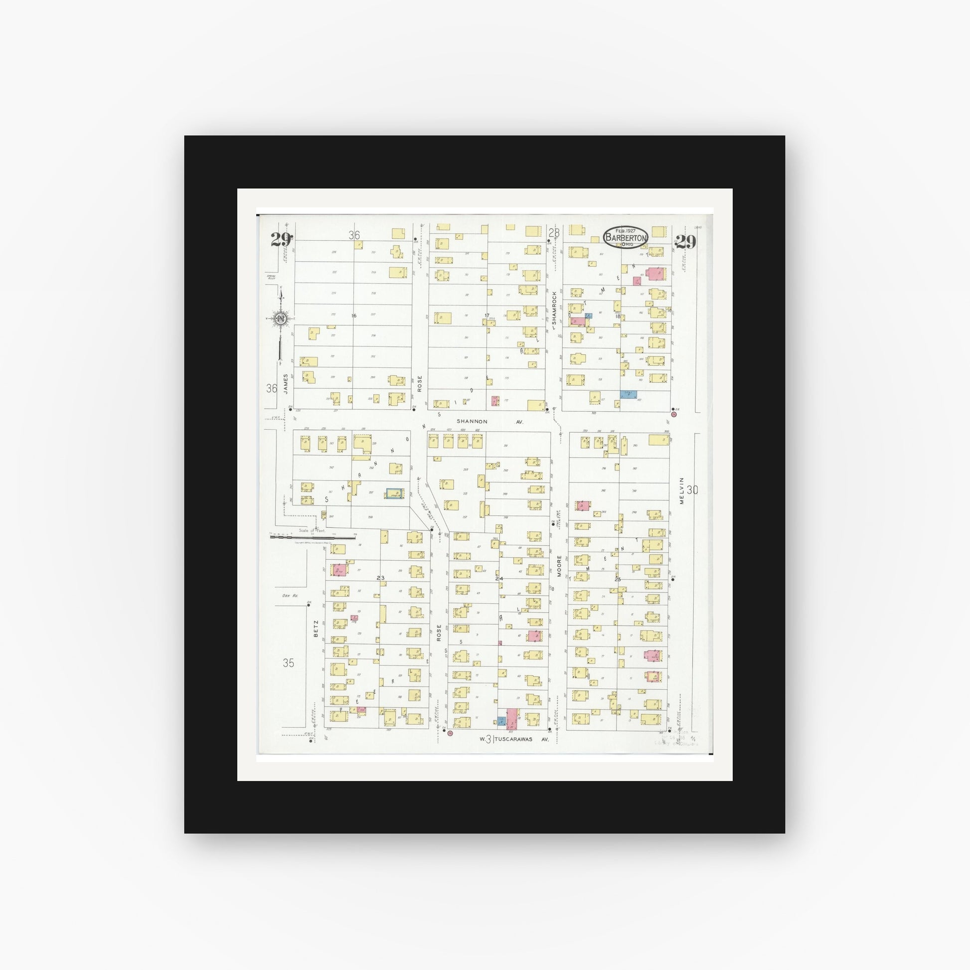 Old map wall art mockup — black gallery frame with white mat — Sanborn Fire Insurance Map from Barberton, Summit County, Ohio (1927), Sheet #0029