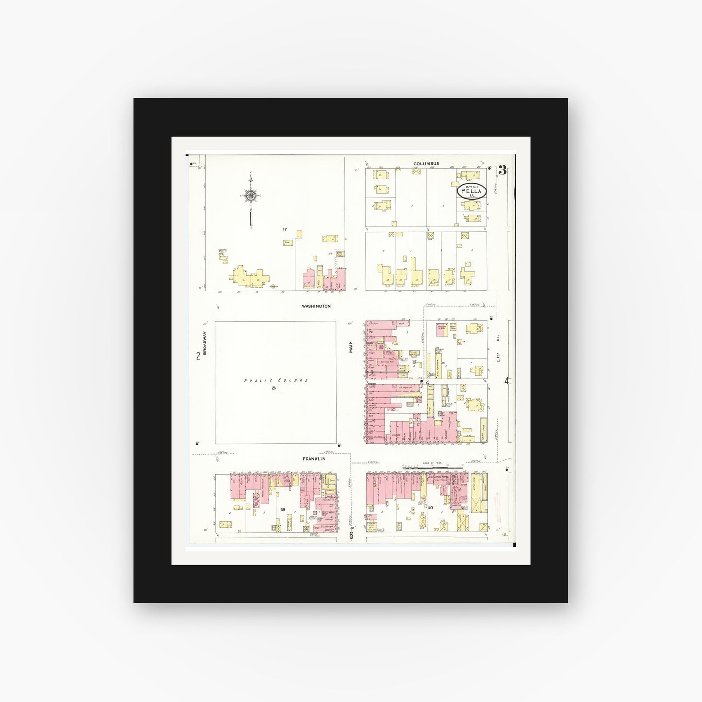 Old map wall art mockup — black gallery frame with white mat — Sanborn Fire Insurance Map from Pella, Marion County, Iowa (1911), Sheet #0003