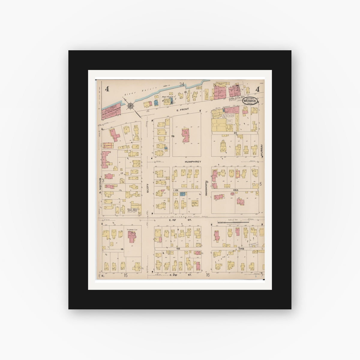 Old map wall art mockup — black gallery frame with white mat — Sanborn Fire Insurance Map from Monroe, Monroe County, Michigan (1922), Sheet #0004