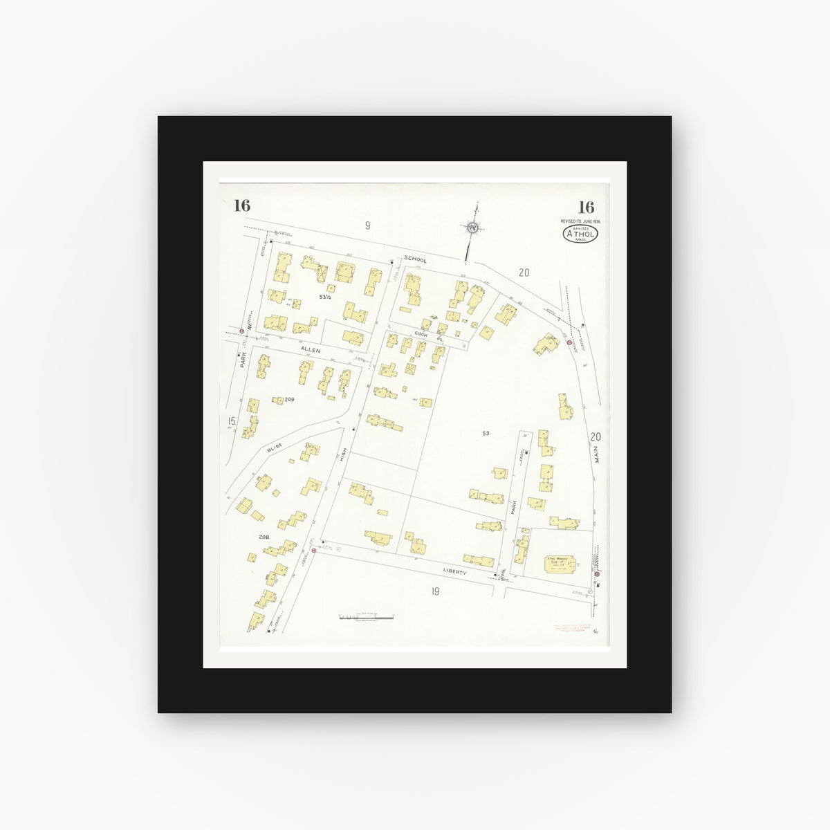 Old map wall art mockup — black gallery frame with white mat — Sanborn Fire Insurance Map from Athol, Worcester County, Massachusetts (1936), Sheet #0016