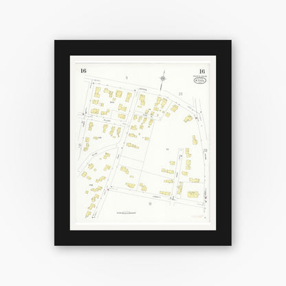 Old map wall art mockup — black gallery frame with white mat — Sanborn Fire Insurance Map from Athol, Worcester County, Massachusetts (1936), Sheet #0016