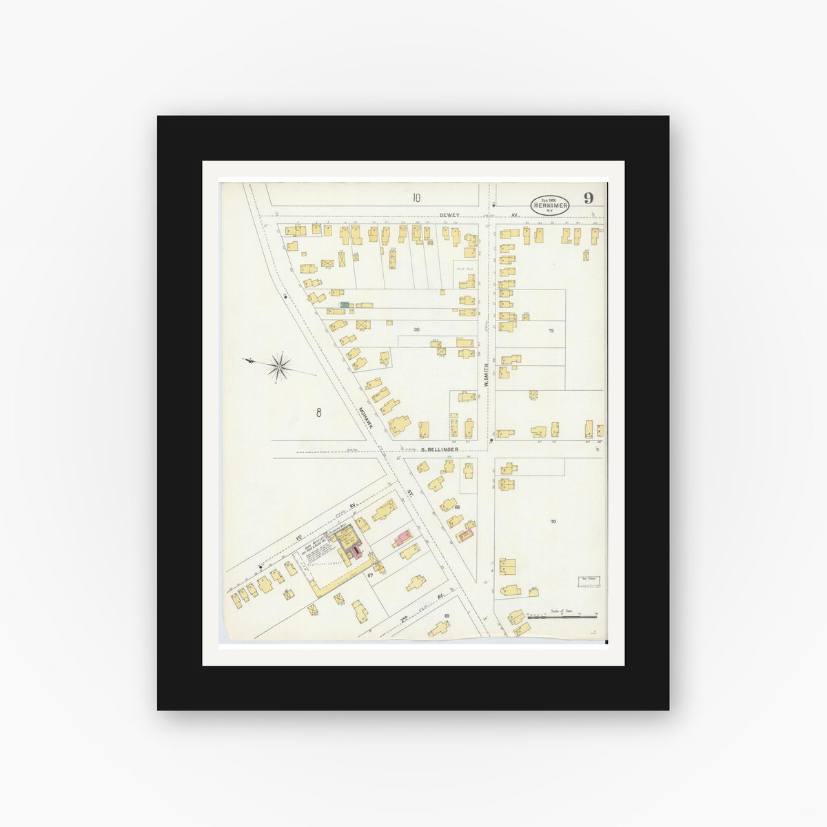 Old map wall art mockup — black gallery frame with white mat — Sanborn Fire Insurance Map from Herkimer, Herkimer County, New York (1906), Sheet #0009