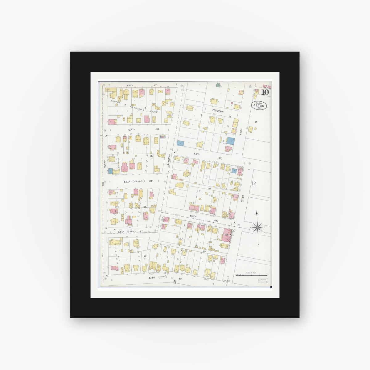 Old map wall art mockup — black gallery frame with white mat — Sanborn Fire Insurance Map from Alton, Madison County, Illinois (1902), Sheet #0010