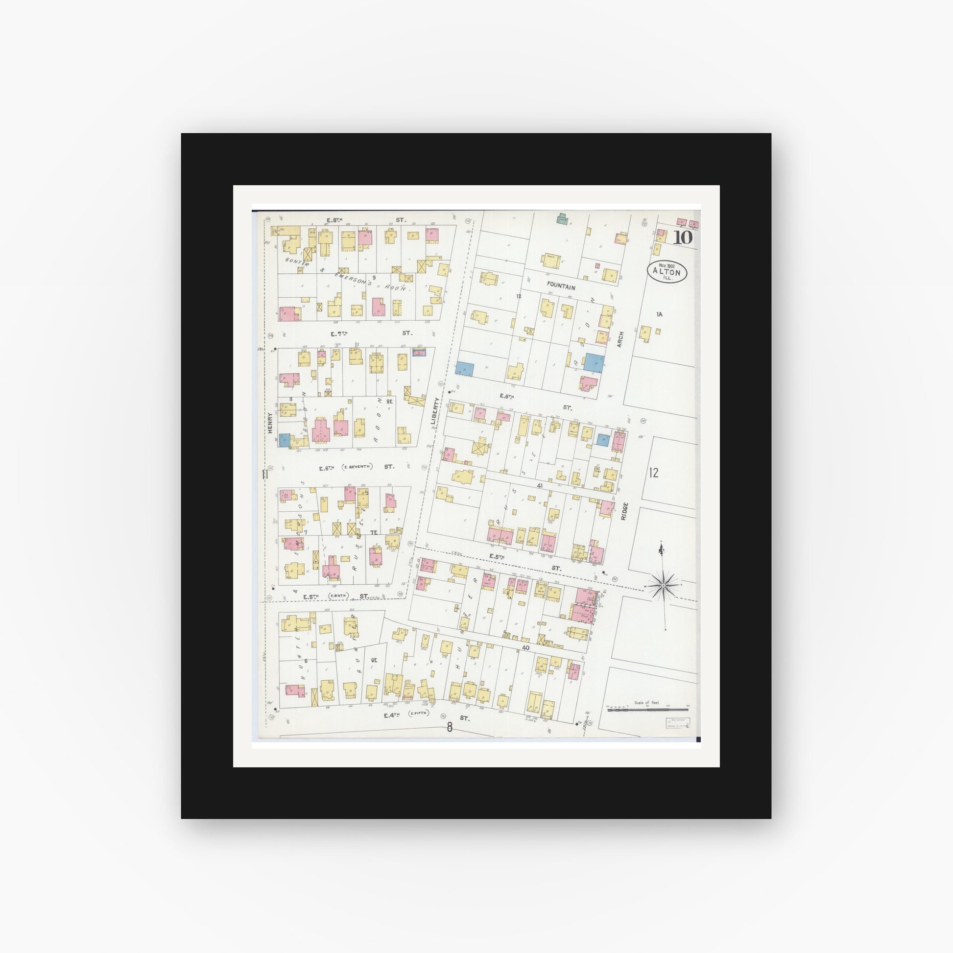 Old map wall art mockup — black gallery frame with white mat — Sanborn Fire Insurance Map from Alton, Madison County, Illinois (1902), Sheet #0010