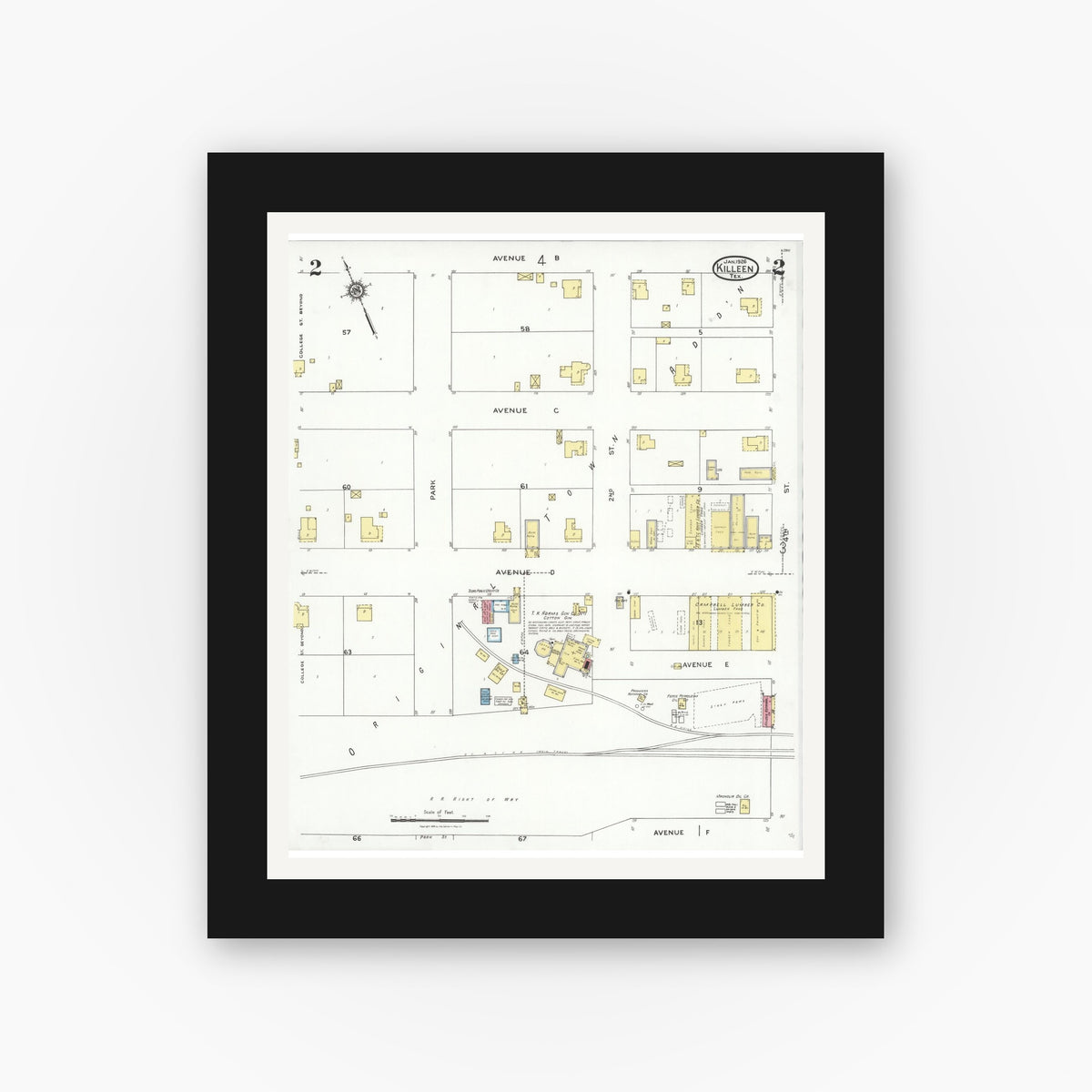 Old map wall art mockup — black gallery frame with white mat — Sanborn Fire Insurance Map from Killeen, Bell County, Texas (1926), Sheet #0002