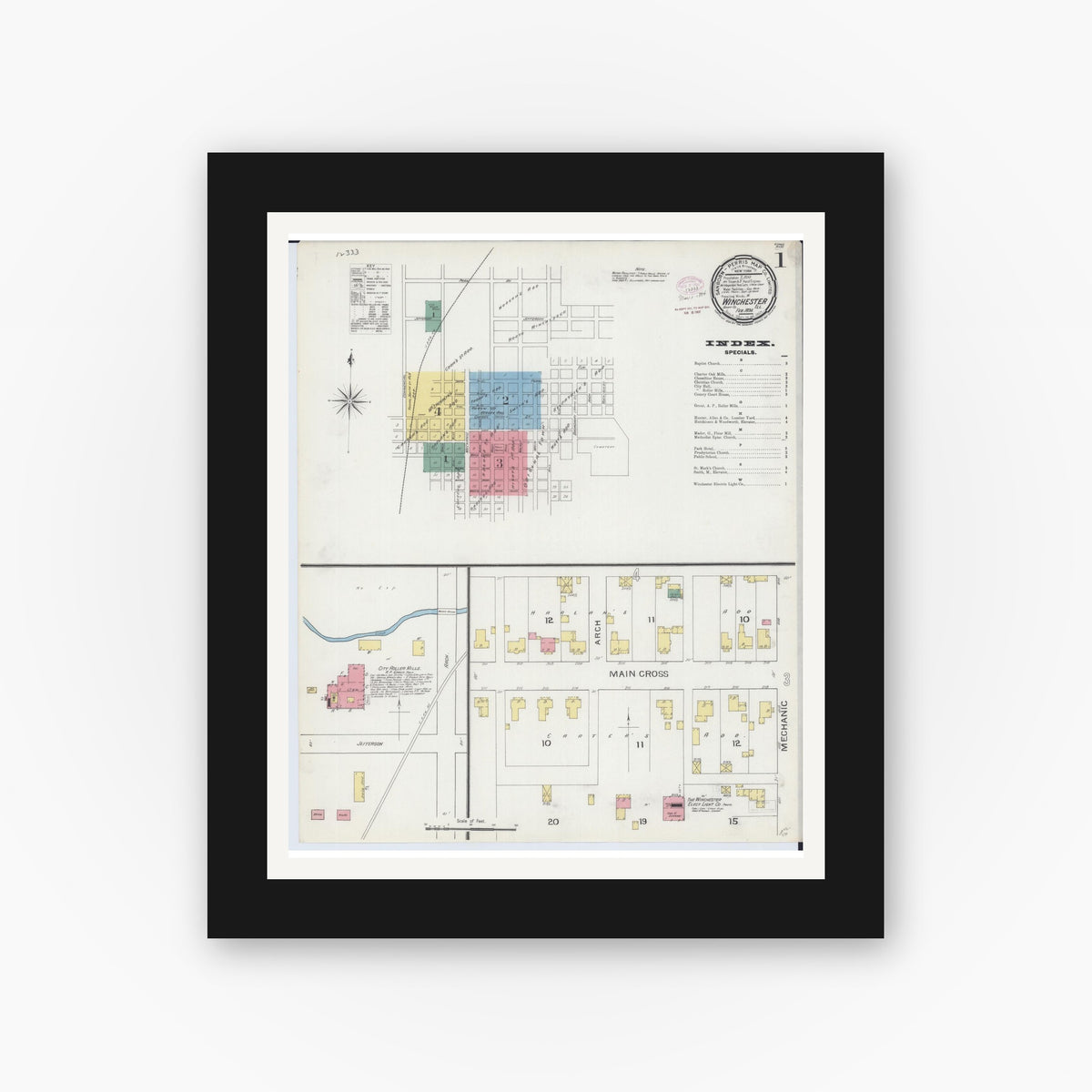 Old map wall art mockup — black gallery frame with white mat — Sanborn Fire Insurance Map from Winchester, Scott County, Illinois (1894), Sheet #0001