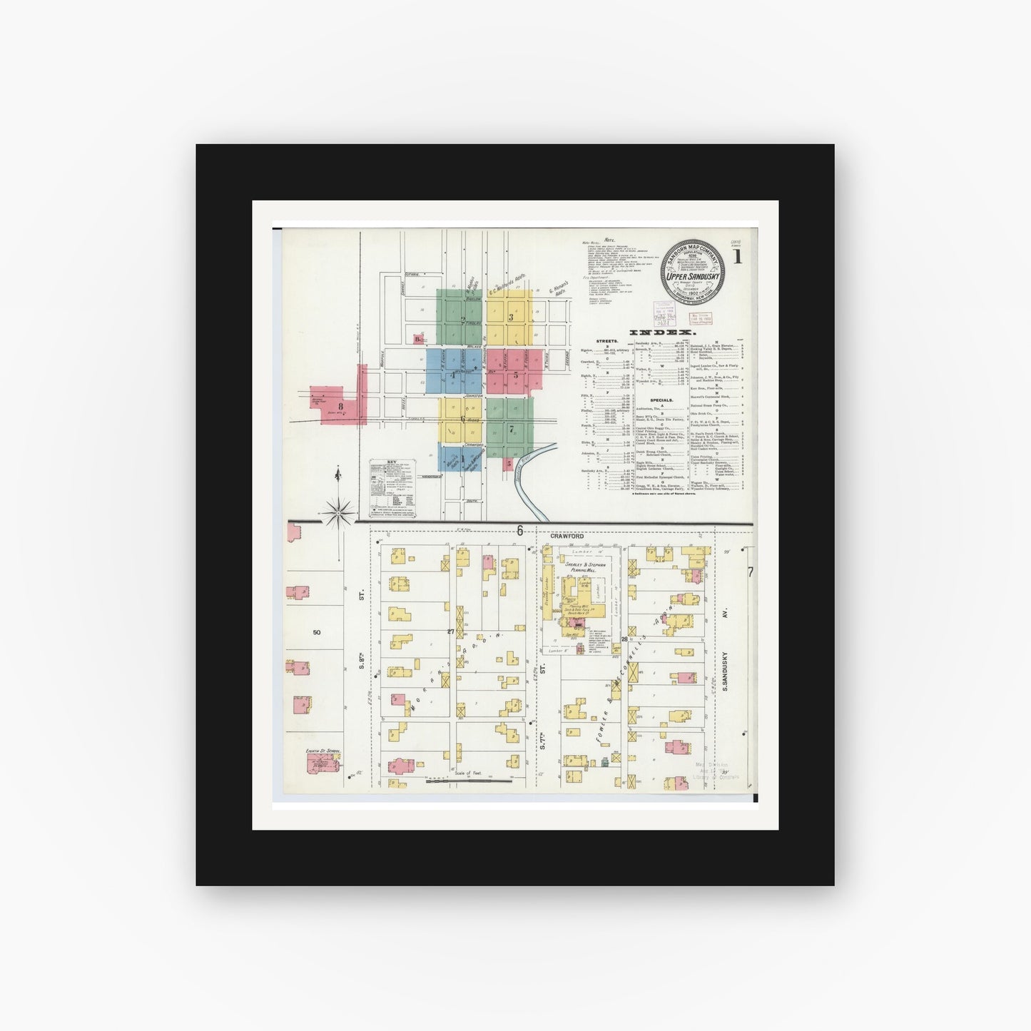 Old map wall art mockup — black gallery frame with white mat — Sanborn Fire Insurance Map from Upper Sandusky, Wyandot County, Ohio (1902), Sheet #0001