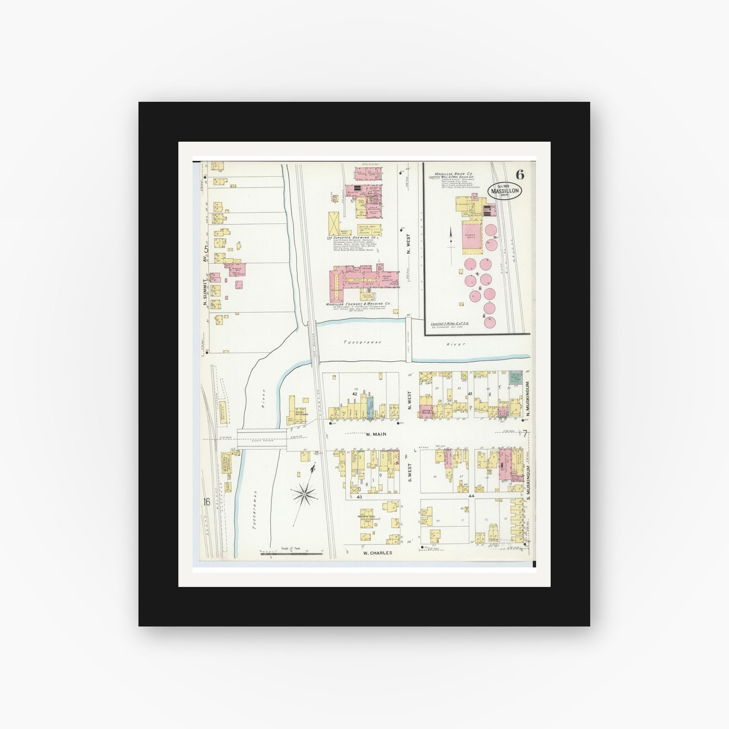 Old map wall art mockup — black gallery frame with white mat — Sanborn Fire Insurance Map from Massillon, Stark County, Ohio (1908), Sheet #0006