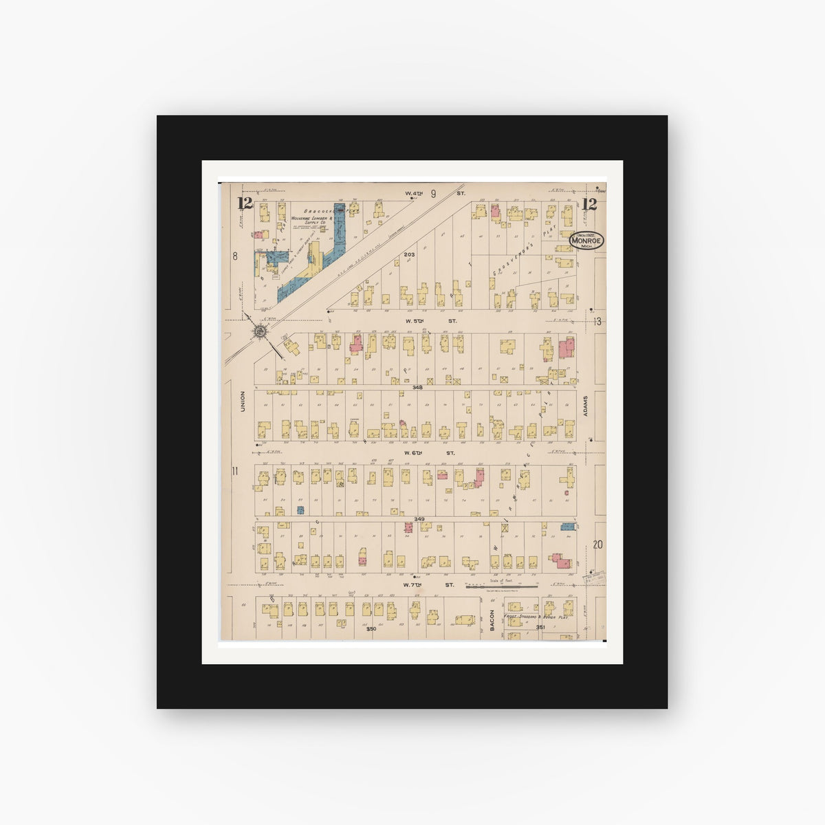 Old map wall art mockup — black gallery frame with white mat — Sanborn Fire Insurance Map from Monroe, Monroe County, Michigan (1922), Sheet #0012