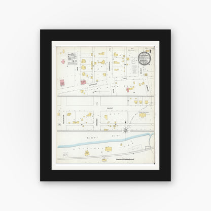 Old map wall art mockup — black gallery frame with white mat — Sanborn Fire Insurance Map from Waverly, Lafayette County, Missouri (1900), Sheet #0001