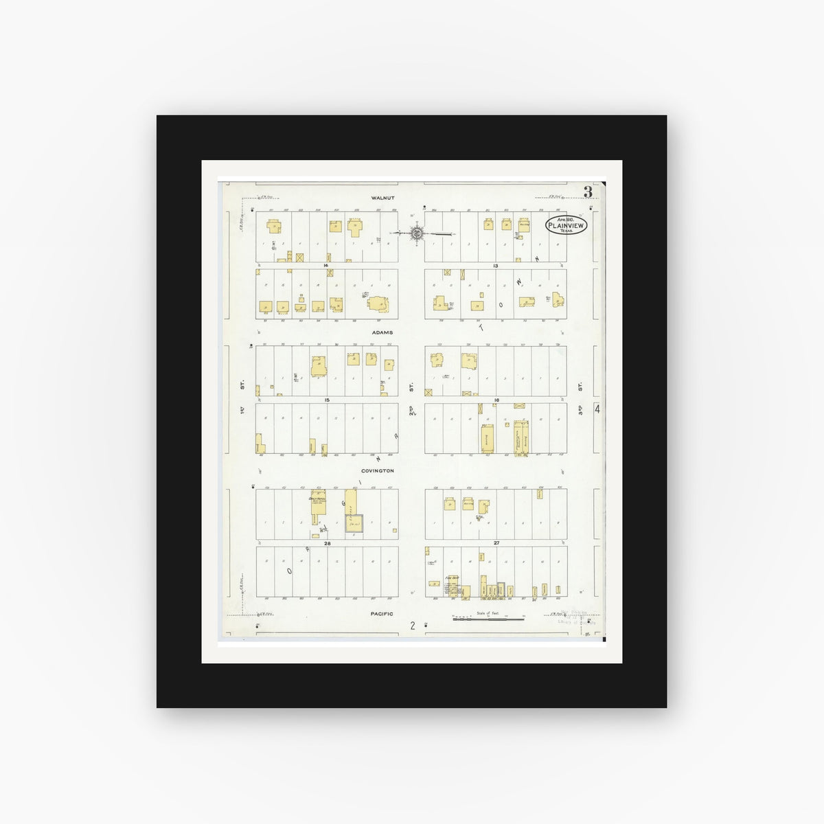 Old map wall art mockup — black gallery frame with white mat — Sanborn Fire Insurance Map from Plainview, Hale County, Texas (1910), Sheet #0003