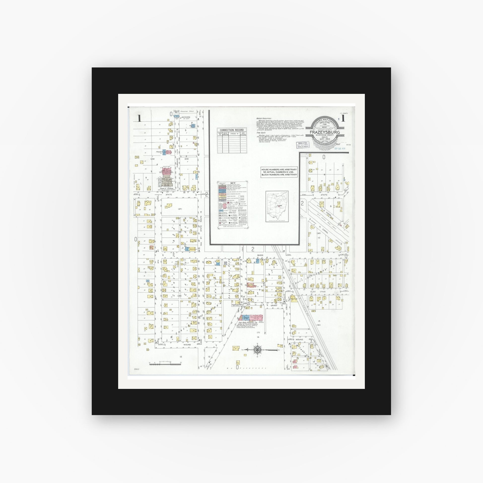 Old map wall art mockup — black gallery frame with white mat — Sanborn Fire Insurance Map from Frazeysburg, Muskingum County, Ohio (1950), Sheet #0001