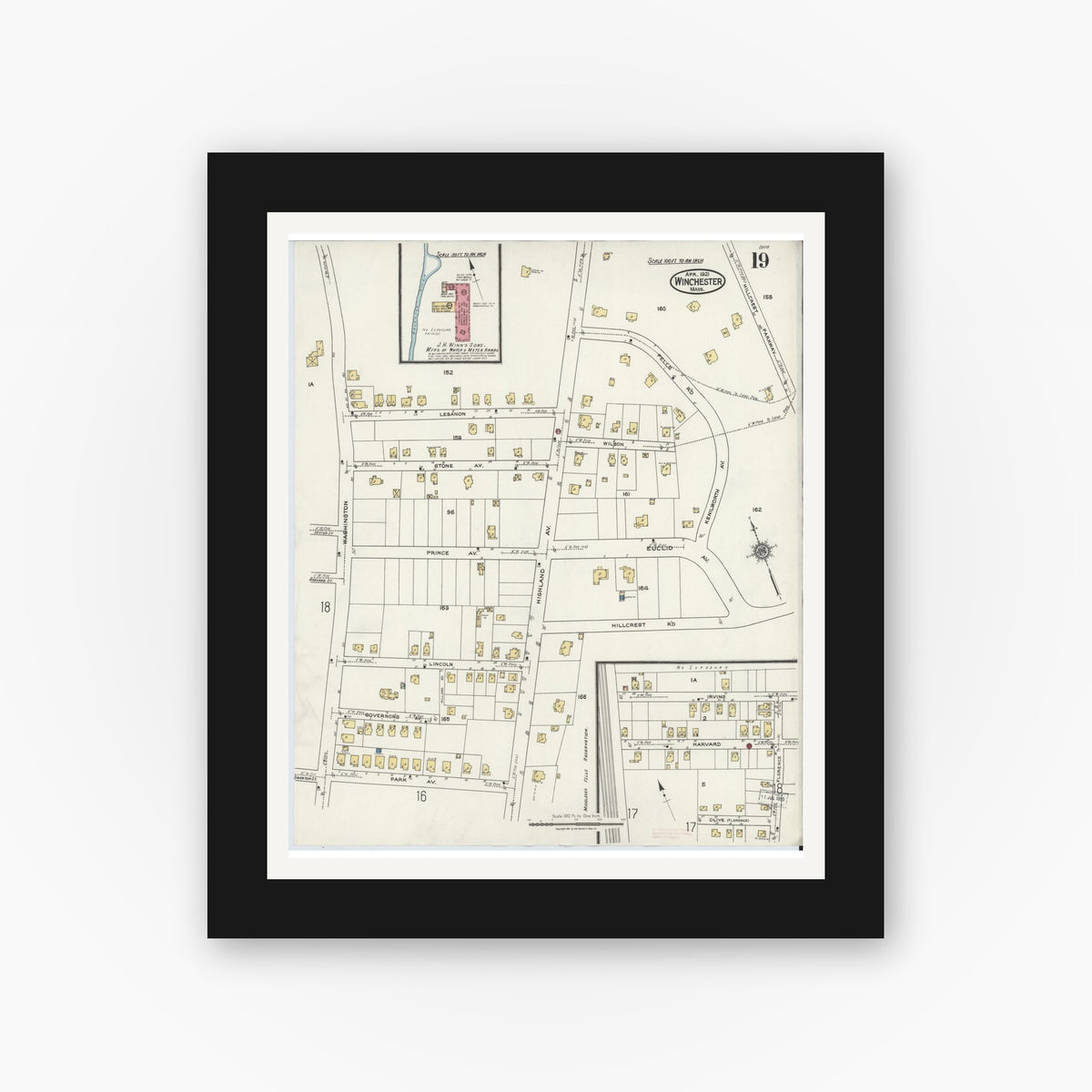 Old map wall art mockup — black gallery frame with white mat — Sanborn Fire Insurance Map from Winchester, Middlesex County, Massachusetts (1921), Sheet #0019