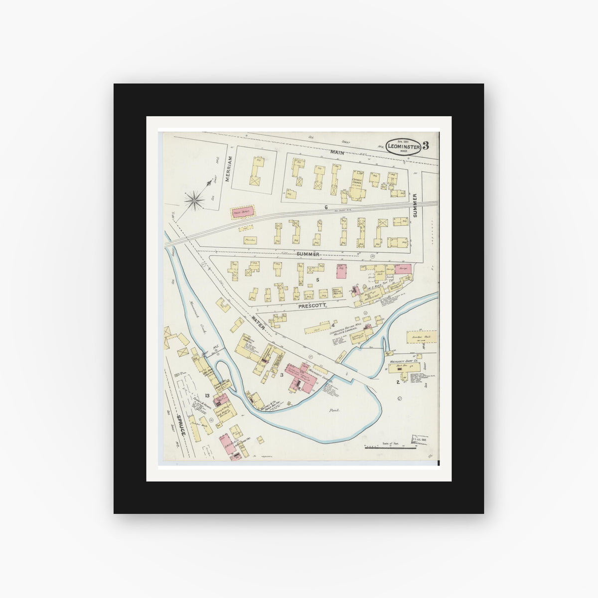 Old map wall art mockup — black gallery frame with white mat — Sanborn Fire Insurance Map from Leominster, Worcester County, Massachusetts (1891), Sheet #0003