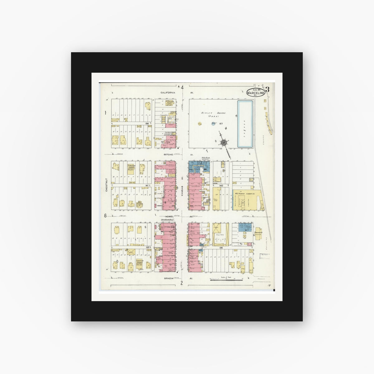 Old map wall art mockup — black gallery frame with white mat — Sanborn Fire Insurance Map from Marceline, Linn County, Missouri (1911), Sheet #0003