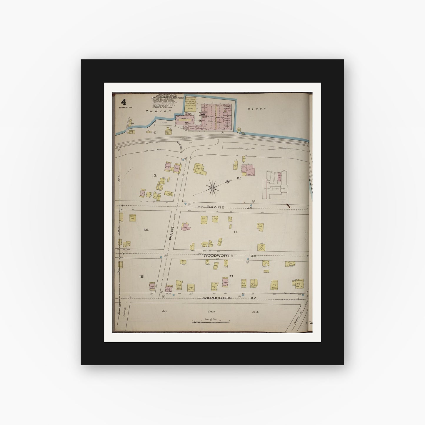 Old map wall art mockup — black gallery frame with white mat — Sanborn Fire Insurance Map from Yonkers, Westchester County, New York (1886), Sheet #0004