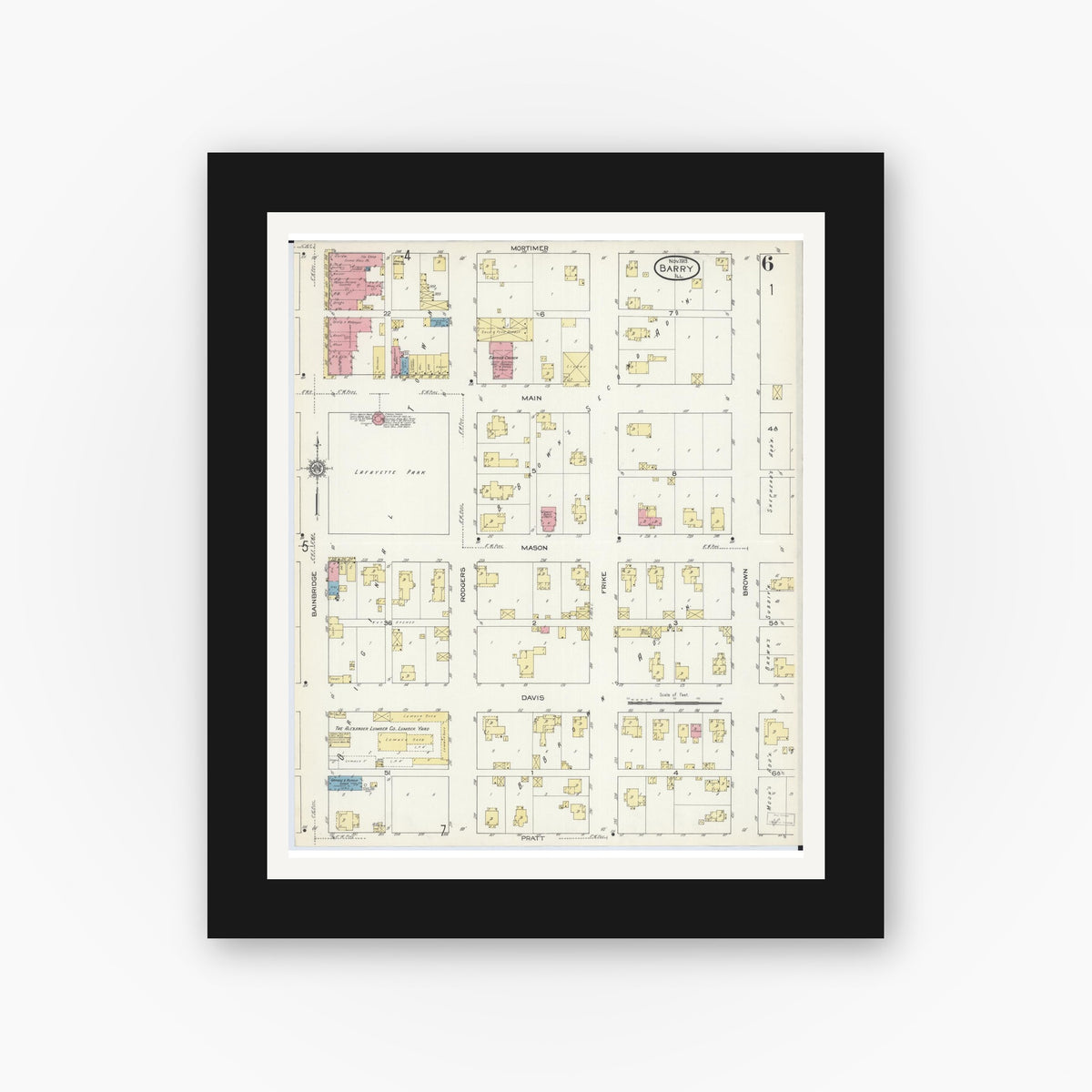 Old map wall art mockup — black gallery frame with white mat — Sanborn Fire Insurance Map from Barry, Pike County, Illinois (1913), Sheet #0006