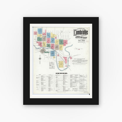 Old map wall art mockup — black gallery frame with white mat — Sanborn Fire Insurance Map from Cambridge, Guernsey County, Ohio (1909) - Complete Map Set