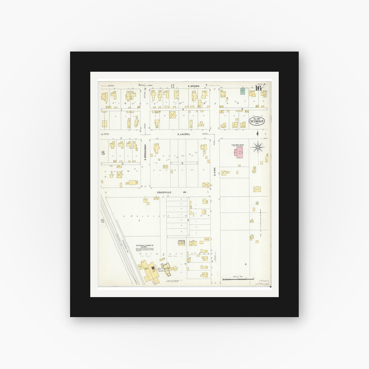 Old map wall art mockup — black gallery frame with white mat — Sanborn Fire Insurance Map from Seymour, Jackson County, Indiana (1907), Sheet #0016