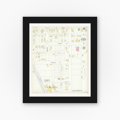 Old map wall art mockup — black gallery frame with white mat — Sanborn Fire Insurance Map from Seymour, Jackson County, Indiana (1907), Sheet #0016