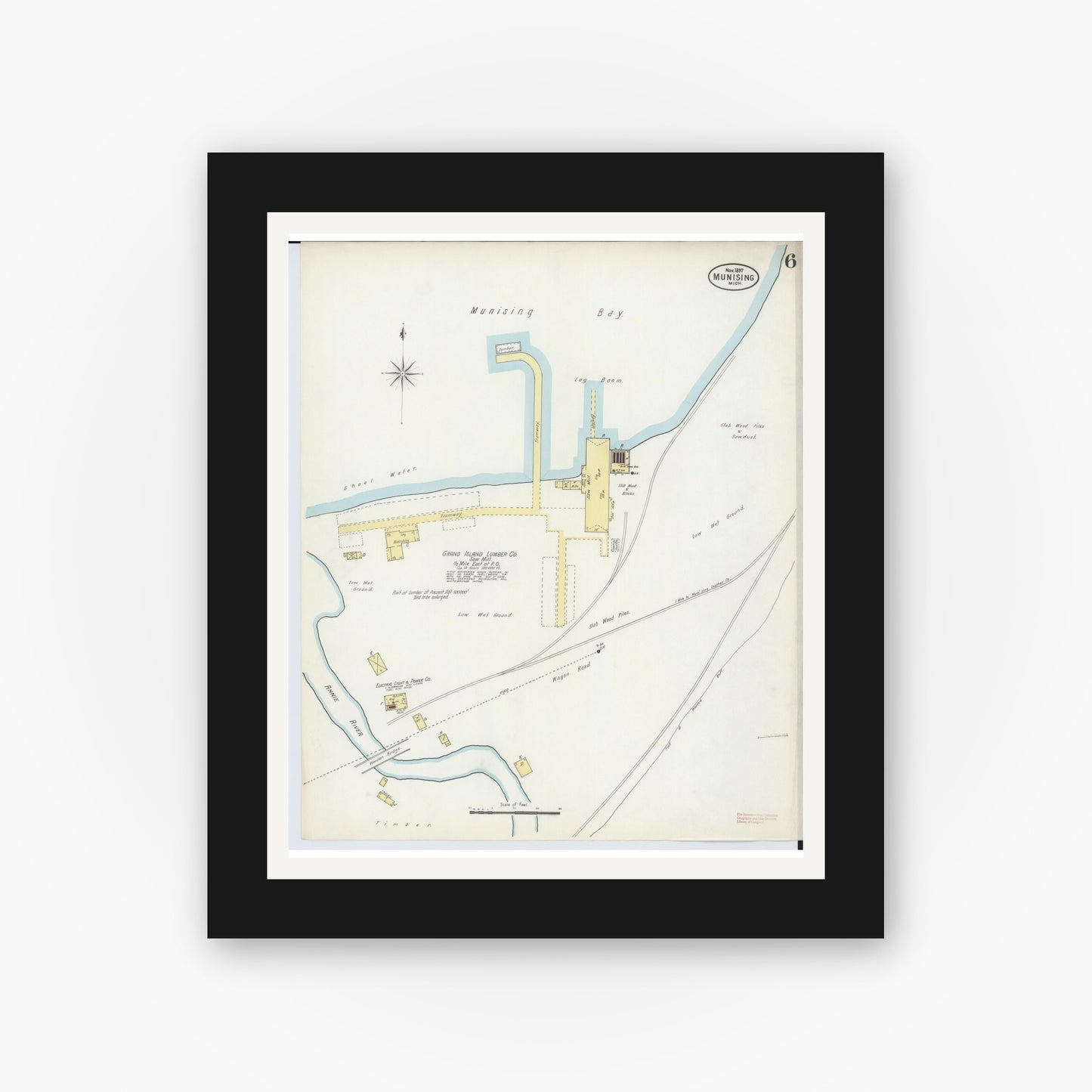 Old map wall art mockup — black gallery frame with white mat — Sanborn Fire Insurance Map from Munising, Alger County, Michigan (1897), Sheet #0006