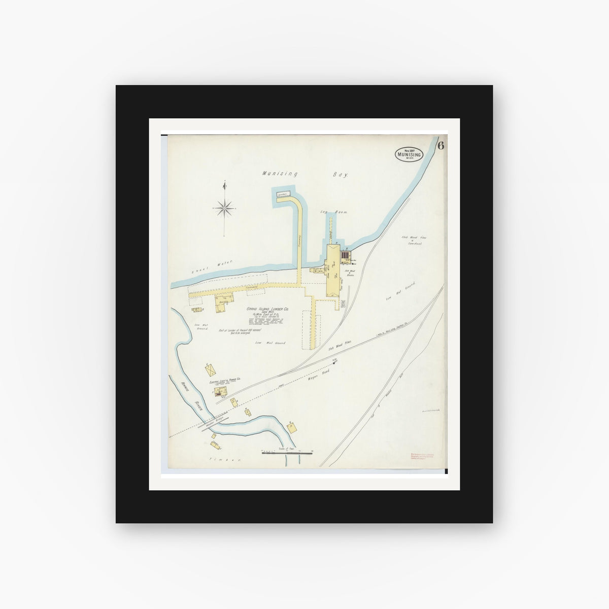 Old map wall art mockup — black gallery frame with white mat — Sanborn Fire Insurance Map from Munising, Alger County, Michigan (1897), Sheet #0006