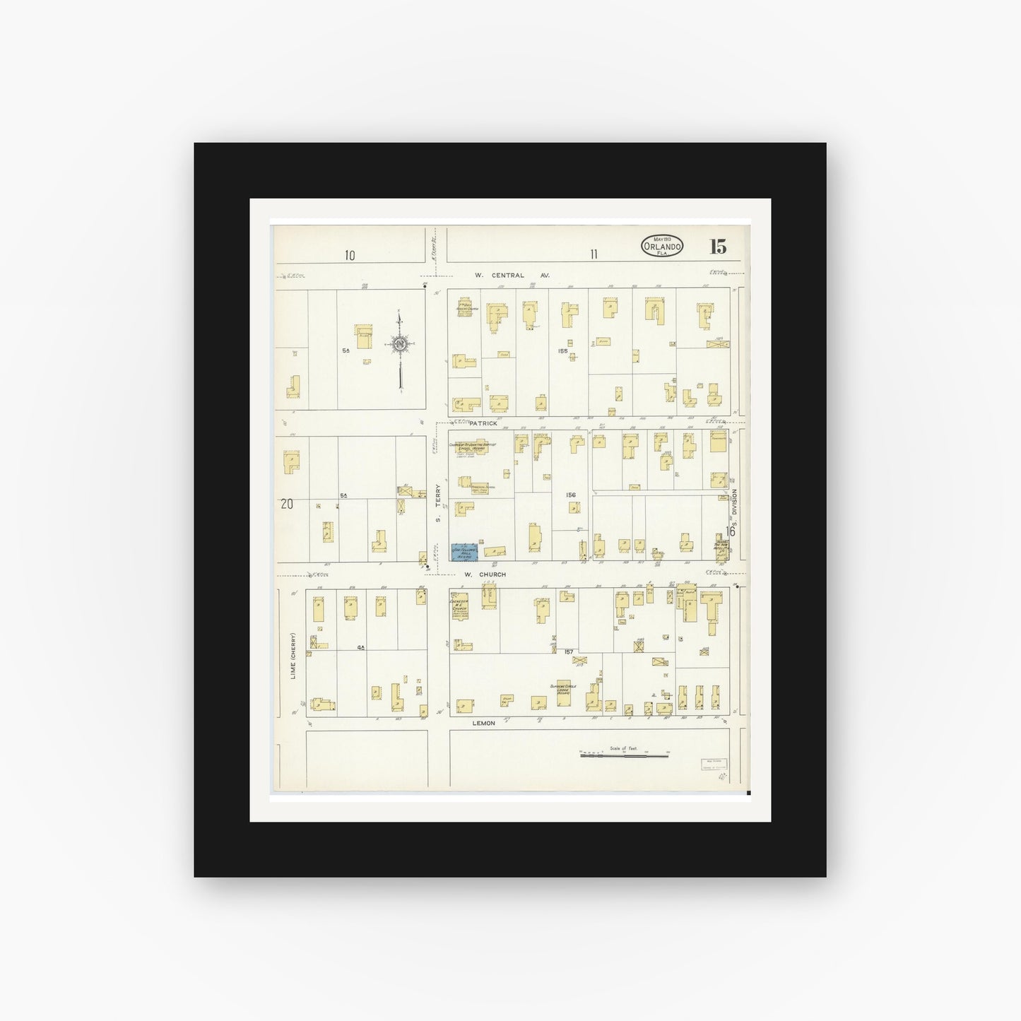 Old map wall art mockup — black gallery frame with white mat — Sanborn Fire Insurance Map from Orlando, Orange County, Florida (1913), Sheet #0015