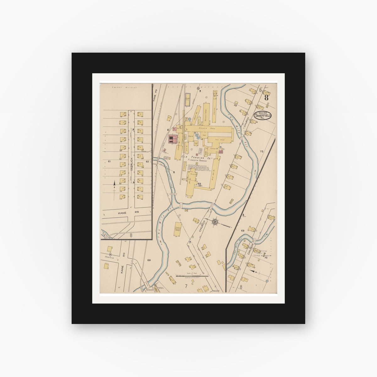Old map wall art mockup — black gallery frame with white mat — Sanborn Fire Insurance Map from Sheffield, Warren County, Pennsylvania (1922), Sheet #0008