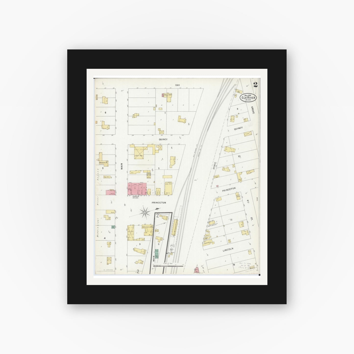 Old map wall art mockup — black gallery frame with white mat — Sanborn Fire Insurance Map from Elk River, Sherburne County, Minnesota (1899), Sheet #0002