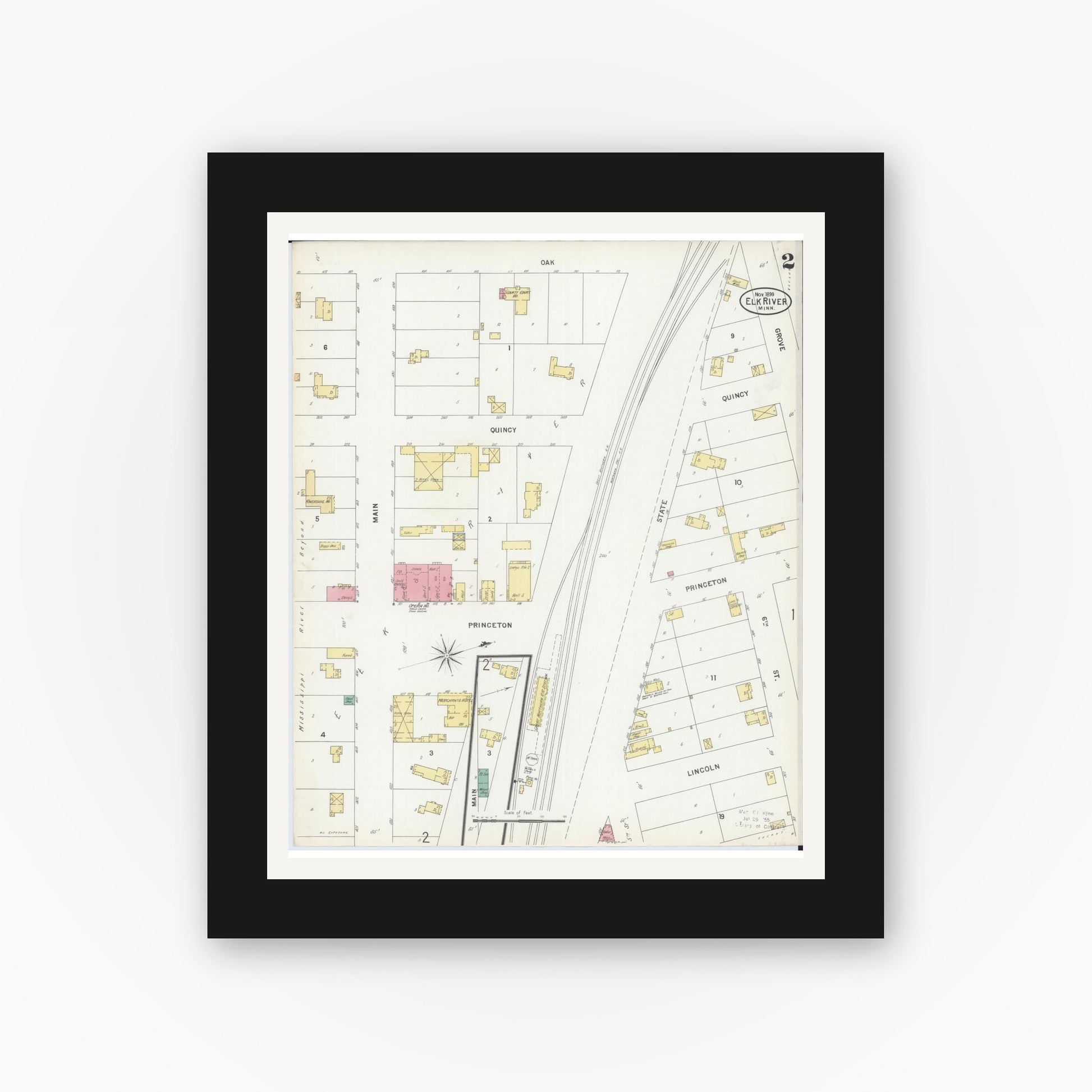 Old map wall art mockup — black gallery frame with white mat — Sanborn Fire Insurance Map from Elk River, Sherburne County, Minnesota (1899), Sheet #0002